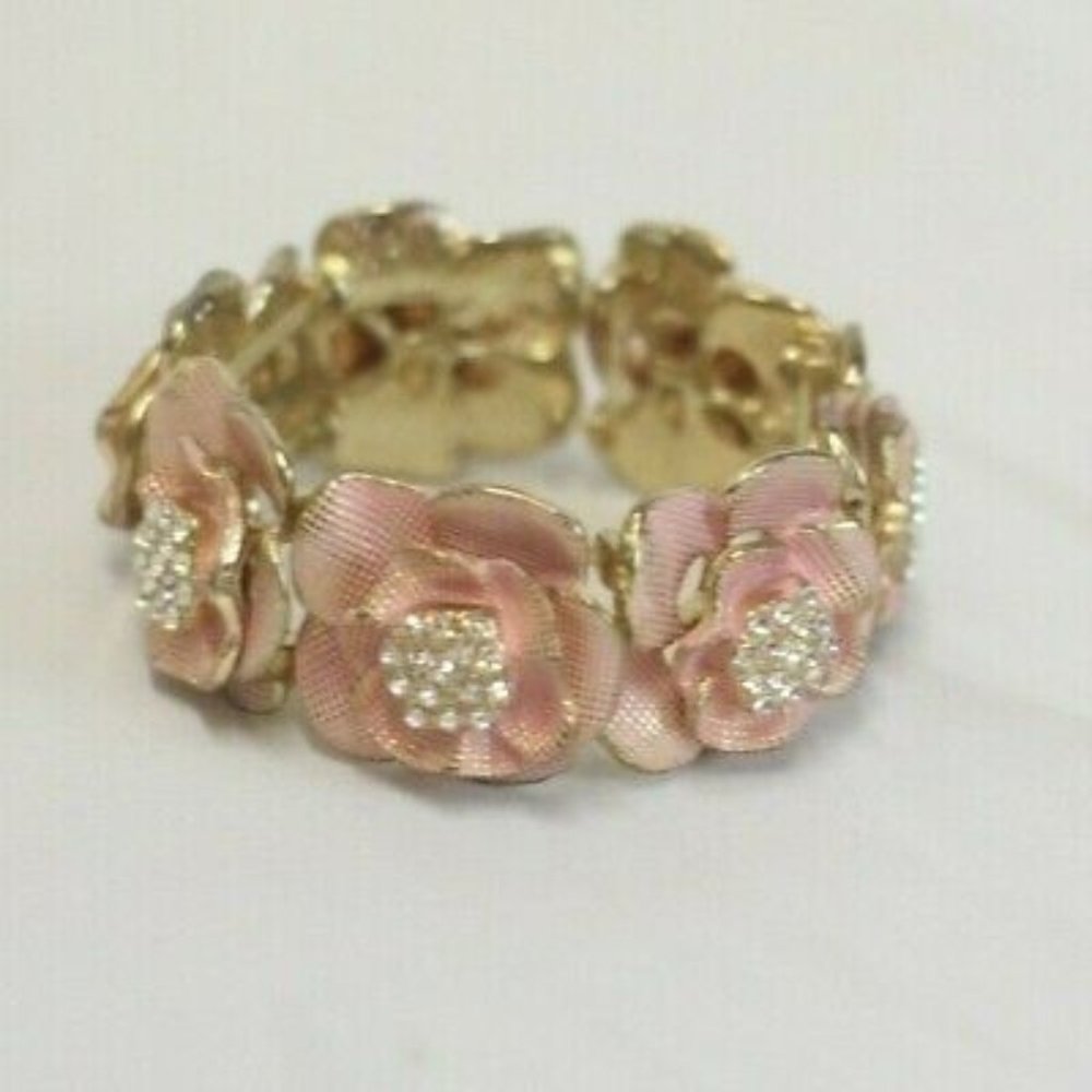 Chunky Vintage Pink Floral With Rhinestone Band Bracelet Metal Bead 1.5" W